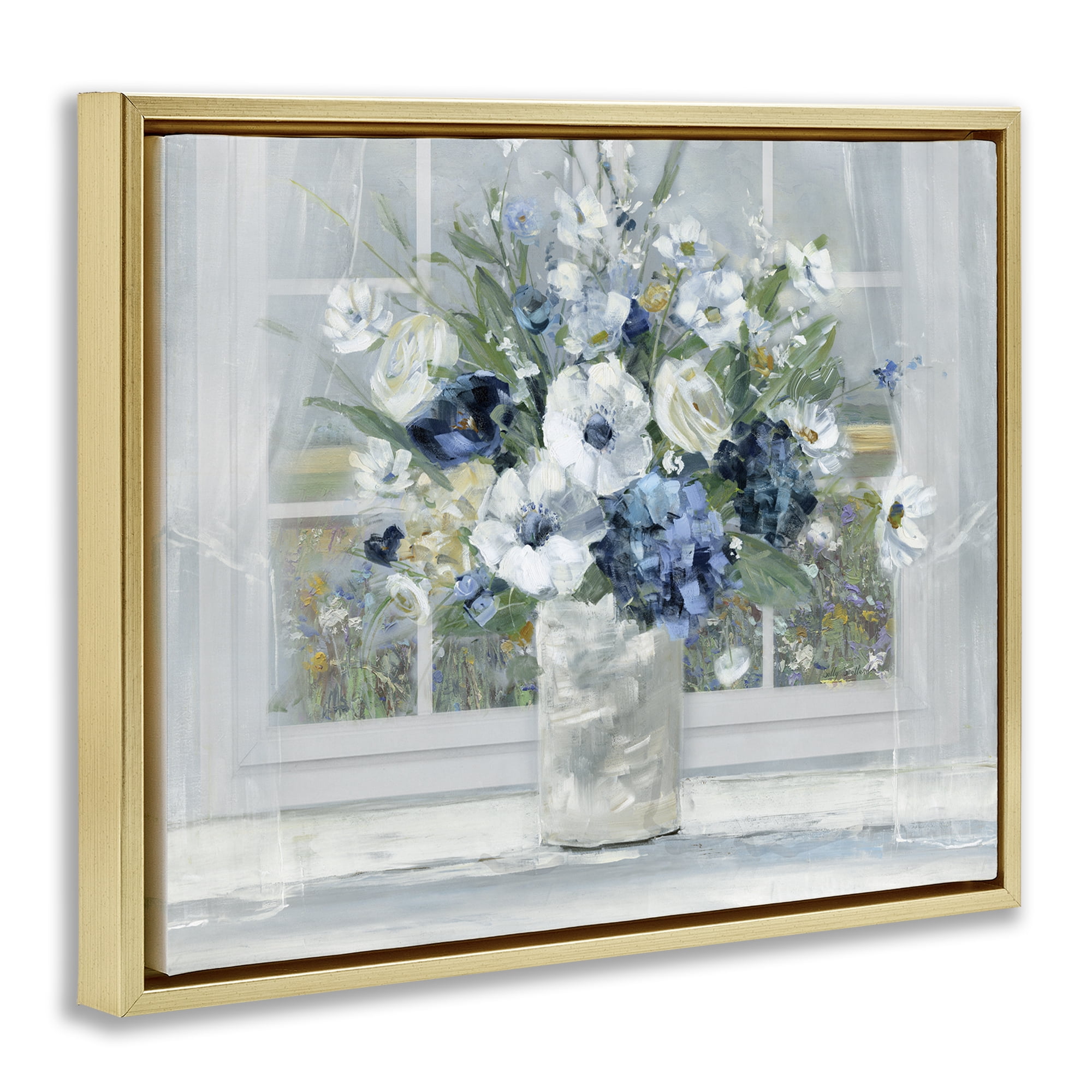 Stupell Industries Blue Hydrangea & Anemone Bouquet Gold Framed Floater Canvas Wall Art, design by Sally Swatland
