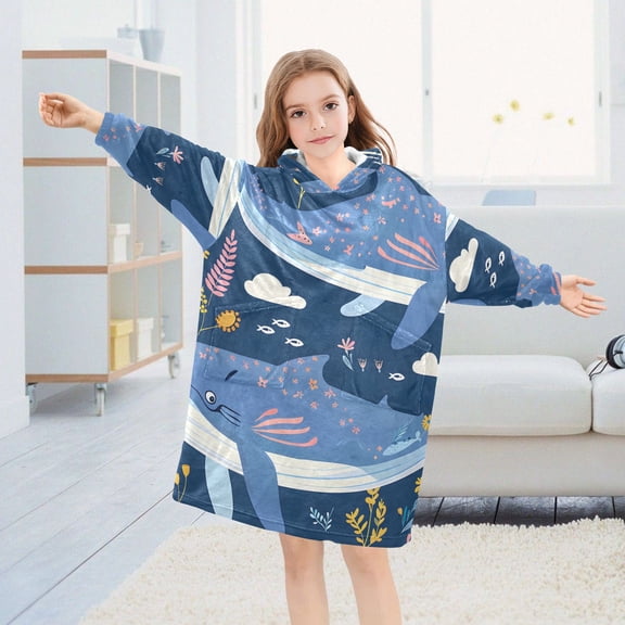 Whales Leaves Oversized Wearable Blanket Hoodie Sweatshirt Flannel for Unisex Girls Boys
