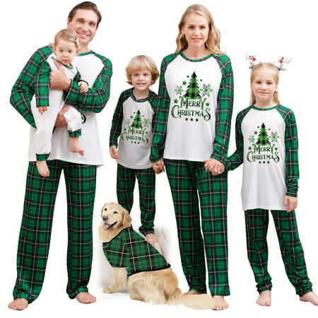 

Christmas Pajamas Set for Family Matching Tree Print Tops Plaid Pants Suit Sleepwear XMAS Jammies