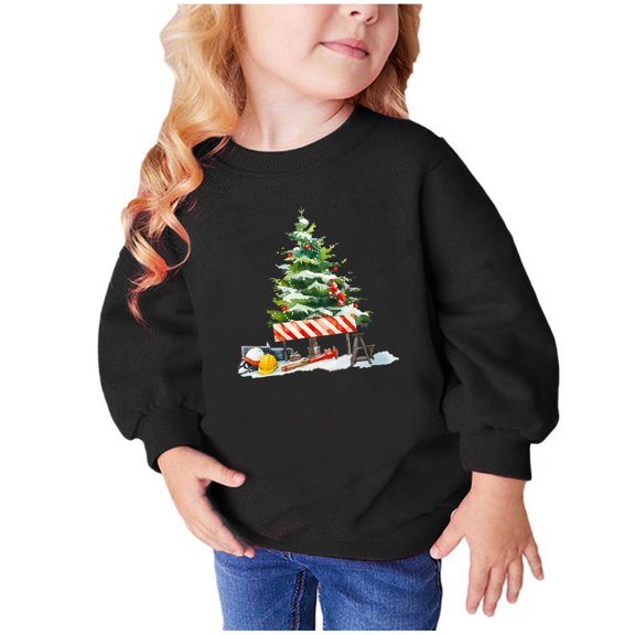 TFEOQRY Children Boys and Girls Christmas Sweatshirts Christmas Tree Printed Long Sleeve Hoodless Sweatshirt Black