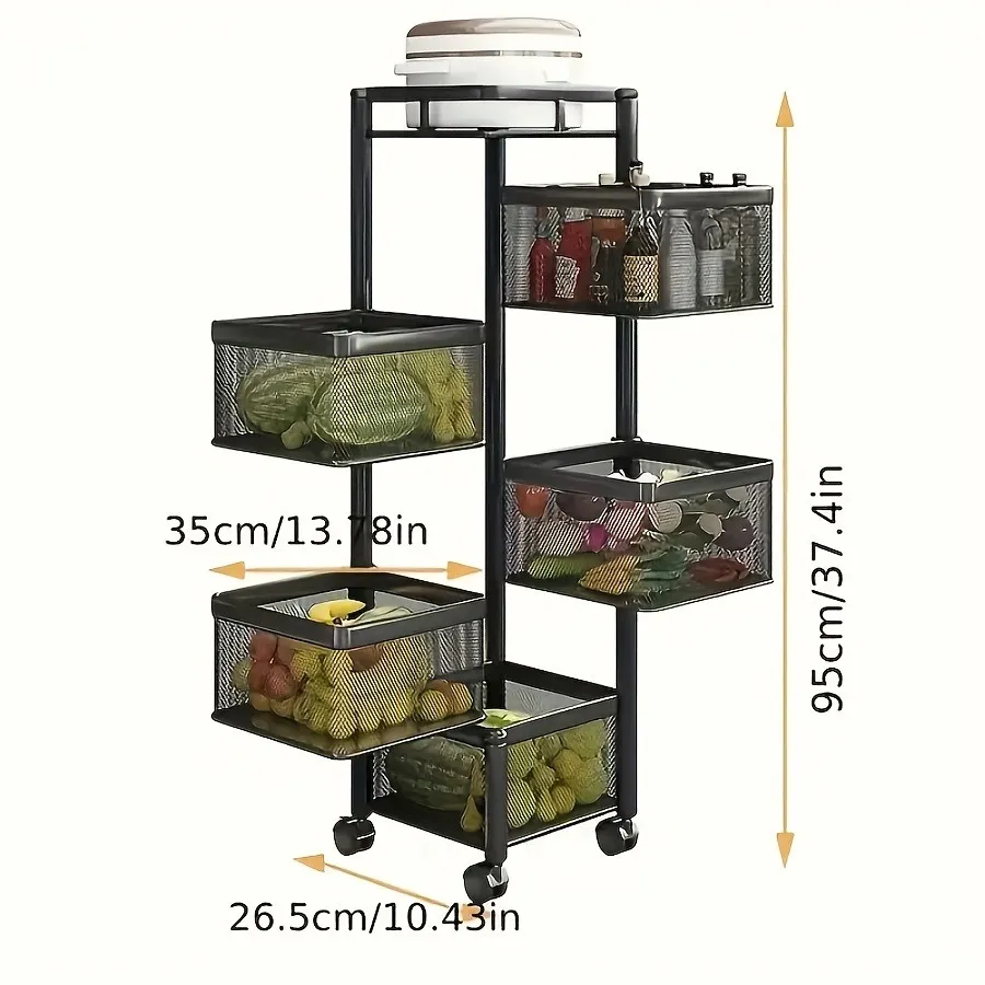 5-Tier Rotating Metal Storage Shelf on Wheels – Multi-Layer Fruit & Vegetable Basket Trolley, Square Floor-Standing Utility Cart for Kitchen, Bathroom, Garage