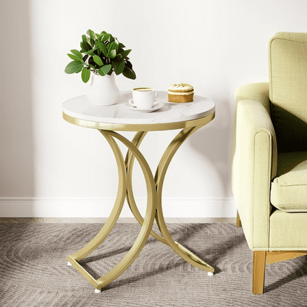 Tribesigns End Table Small Round Faux Marble Sofa Side Table, White and Gold