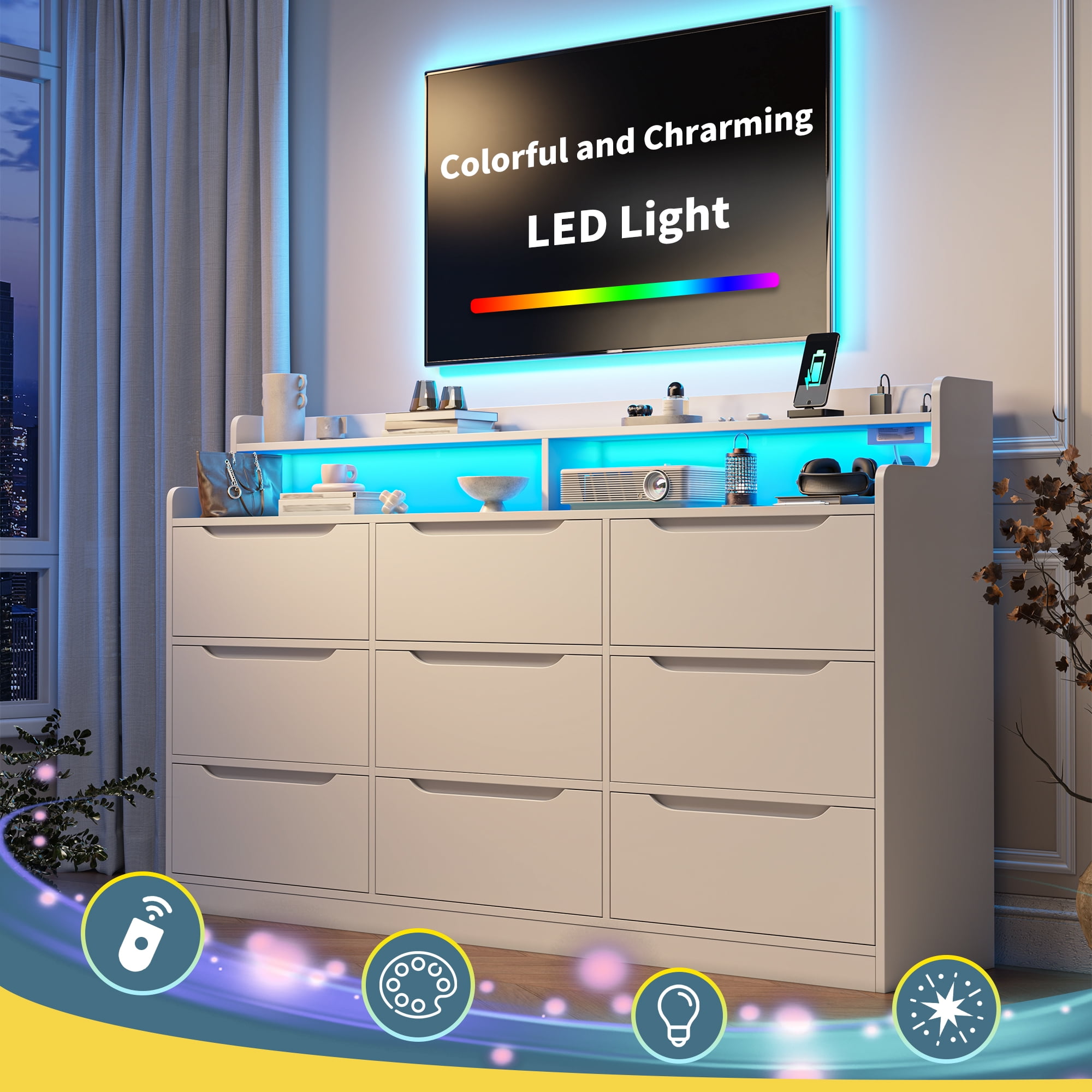 EnHomee 9 Drawer Dressers for Bedroom with LED Light,Wood Chests of Drawers with Charging Station, White