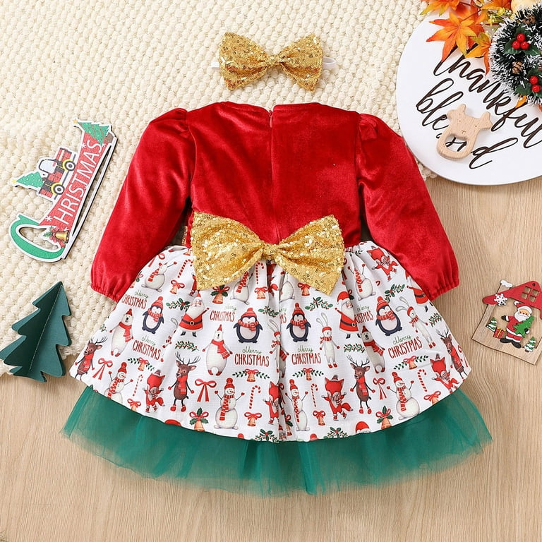 Toddler Kids Baby Girls Christmas Plaids Bowknot Princess Short Sleeve  Dress Party Xmas Dresses