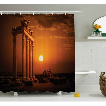 - Ancient Shower Curtain, Antique Ancient Style Rome Empire Monuments Columns Statues with Sun Picture, Fabric Bathroom Set with Hooks, Orange and White, by Ambesonne