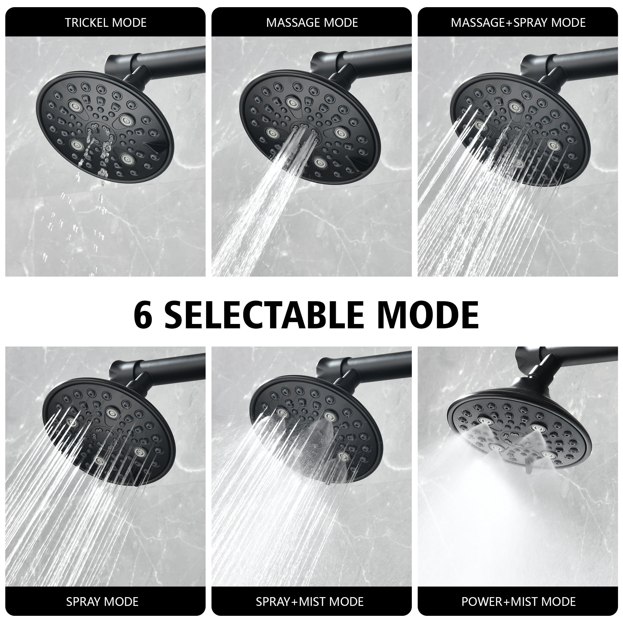 sumerain Luxurious High Pressure 6-setting Shower Head Combo with 20 Inch Long Shower Arm for Couples, Matte Black
