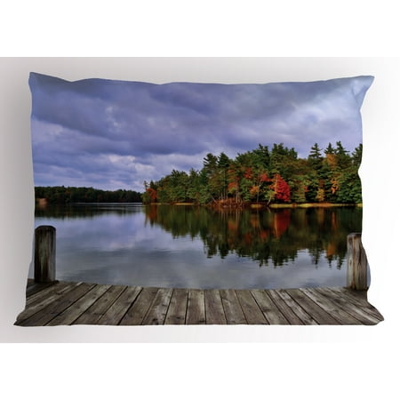 Lake Pillow Sham Wooden Dock and Island Ablaze in Fall Splendor Ludington State Park in Michigan USA, Decorative Standard King Size Printed Pillowcase, 36 X 20 Inches, Multicolor, by