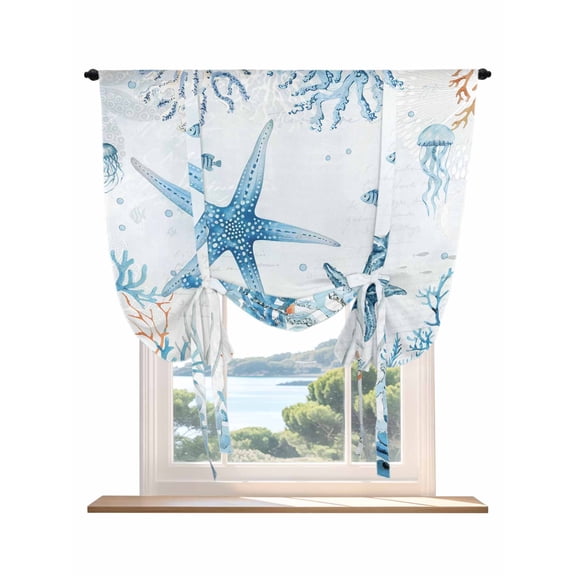 Blue Starfish Coastal Tie Up Curtains for Windows 45 Inch Length Balloon Curtains Kitchen Adjustable Balloon Window Shade Summer Beach Sea Ocean Coral Jellyfish Tie Up Bathroom Curtain Window 34"x45"