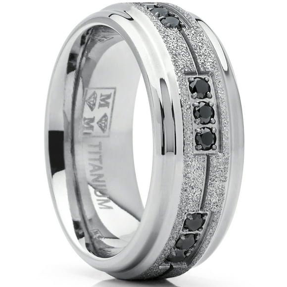Men's Titanium Black Trinity Cubic Zirconia Ring Wedding Band With Shimmer Finish 8mm 12