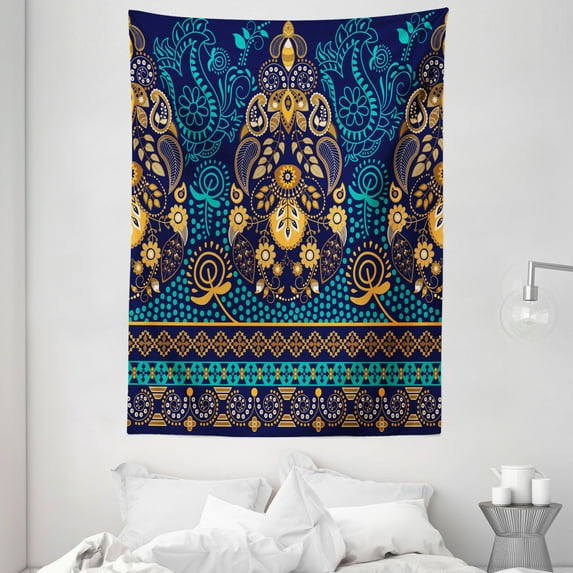 Paisley Decor Tapestry, Ethnic Backgrounded Design with Pattern of Flower Leaves and Dots Image, Wall Hanging for Bedroom Living Room Dorm Decor, 60W X 80L Inches, Blue and Gold, by Ambesonne
