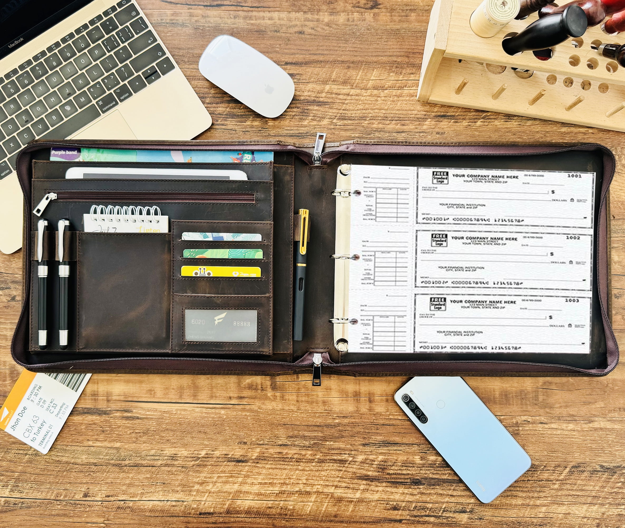Business 3 Ring Check Binder, Genuine Leather Check Book Portfolio for 3 Holes or 9 Holes Checks, Check Book Binder for 11 1/4"x9", Crazy Horse Leather (Dark Khaki)
