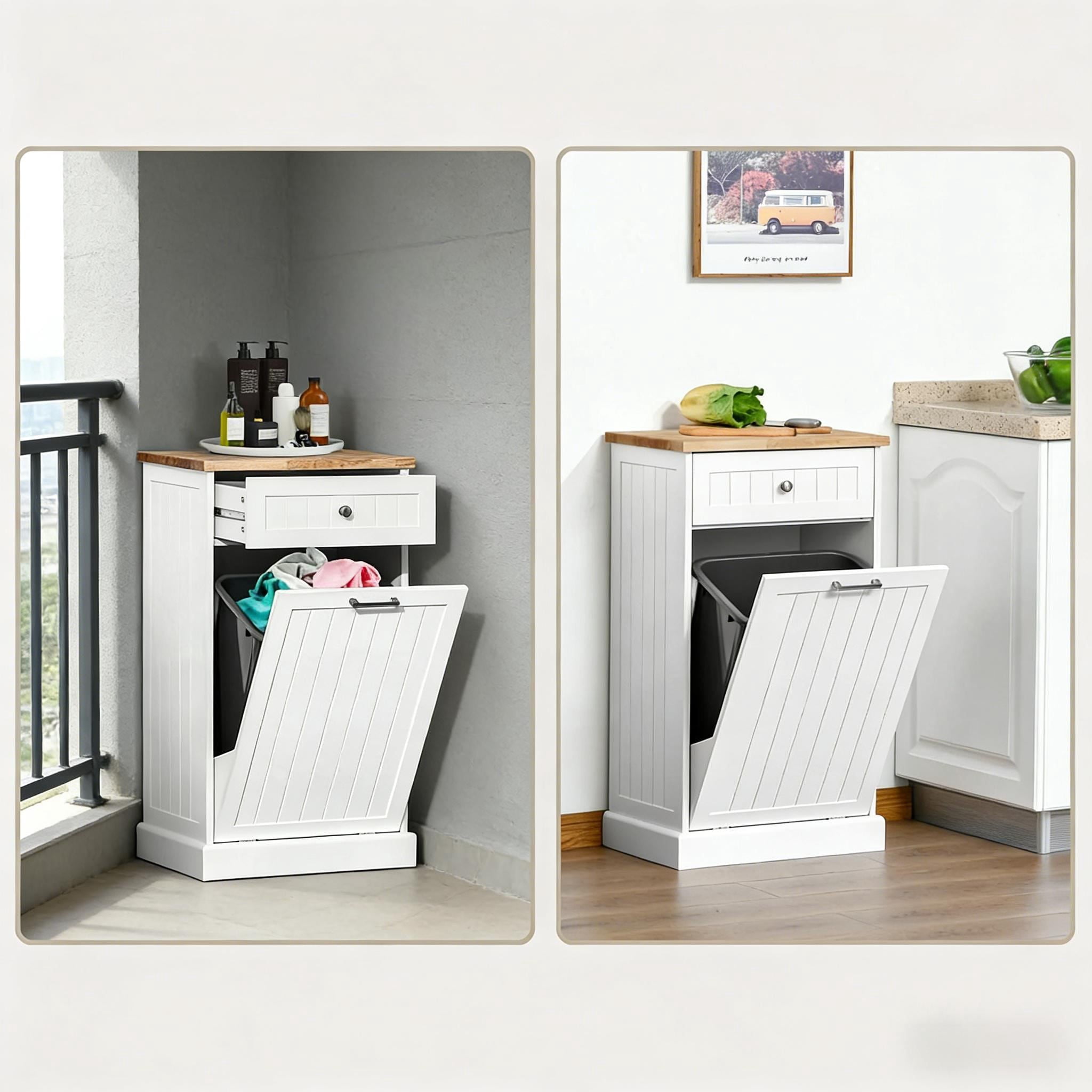 Hidden Trash Can Cabinet with Storage Drawer, Tilt-Out Door, Fits Up to 10 Gallon Bin, MDF and Particle Board, 20 in Wide, for Kitchen, Hallway, Laundry Room