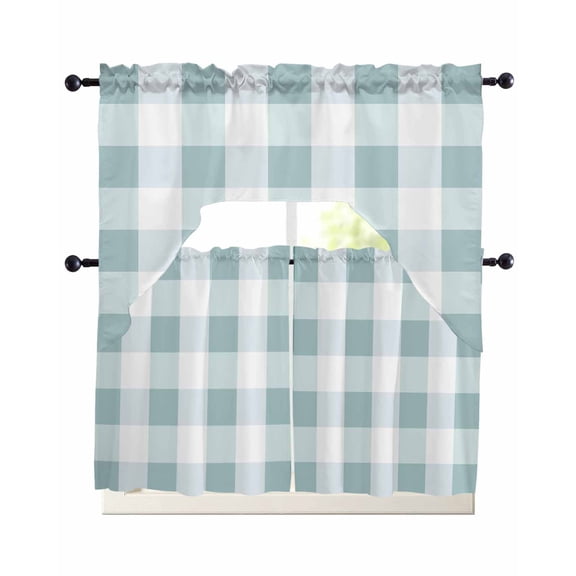 Aqua Plaid Swag Kitchen Curtains Sets for Windows 24 Inch Length, Spring Summer Farmhouse Buffalo Checkered Short Window Curtain Panels Swags Valances and Tiers 3 Piece Set for Cafe/Dining Room