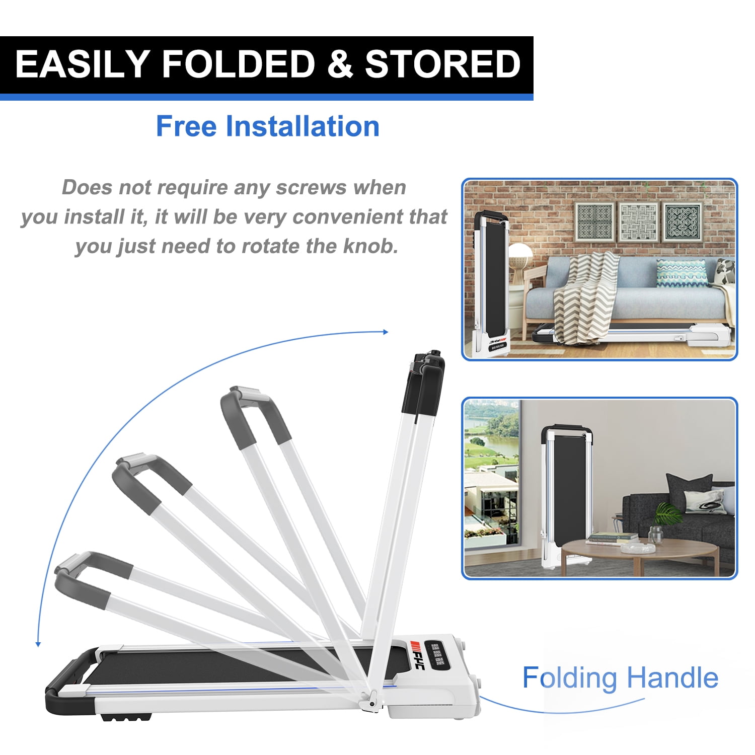FYC 2.5HP Under Desk 2 in 1 Folding Treadmill for Home Office, Foldable Compact Electric Walking Running Machine w/ Remote Control & LED Display, Walking Running Jogging (White)