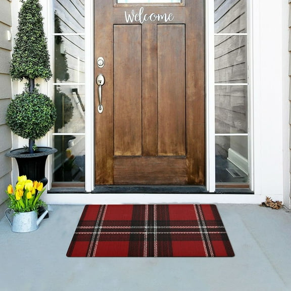 Red Black Tartan Plaids Fabric Texture Doormats Welcome Mats Gate Pads Entryway Outdoor 32" x 20"
