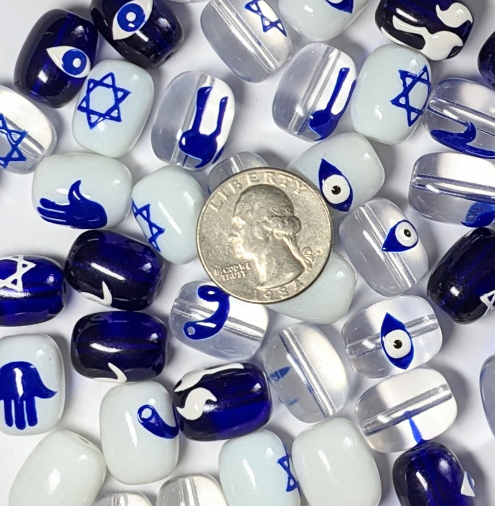 Hanukkah Glass Beads For Bracelet Making, Blue Clear Sameach Craft DIY Jewelry Supplies, Gift For Beader, 40 pcs