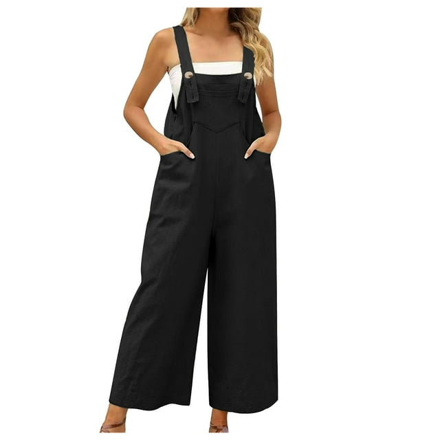 ICHUANYI Clearance Women's Summer New Women's Casual Color Collar Loose Suspenders Jumpsuit(Black, XL) ICHUANYI WER2023081017775