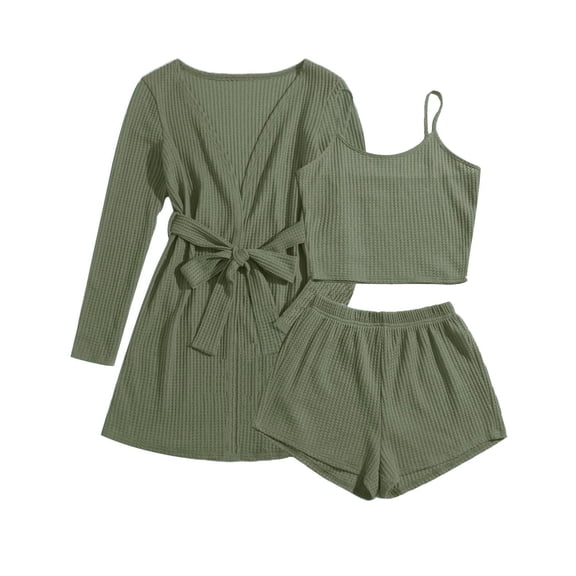 Ekouaer Pajamas for Women Set 3 Piece Lounge Set Soft Pajama Sets Waffle Knit Tank Top and Shorts Cardigan with Pockets