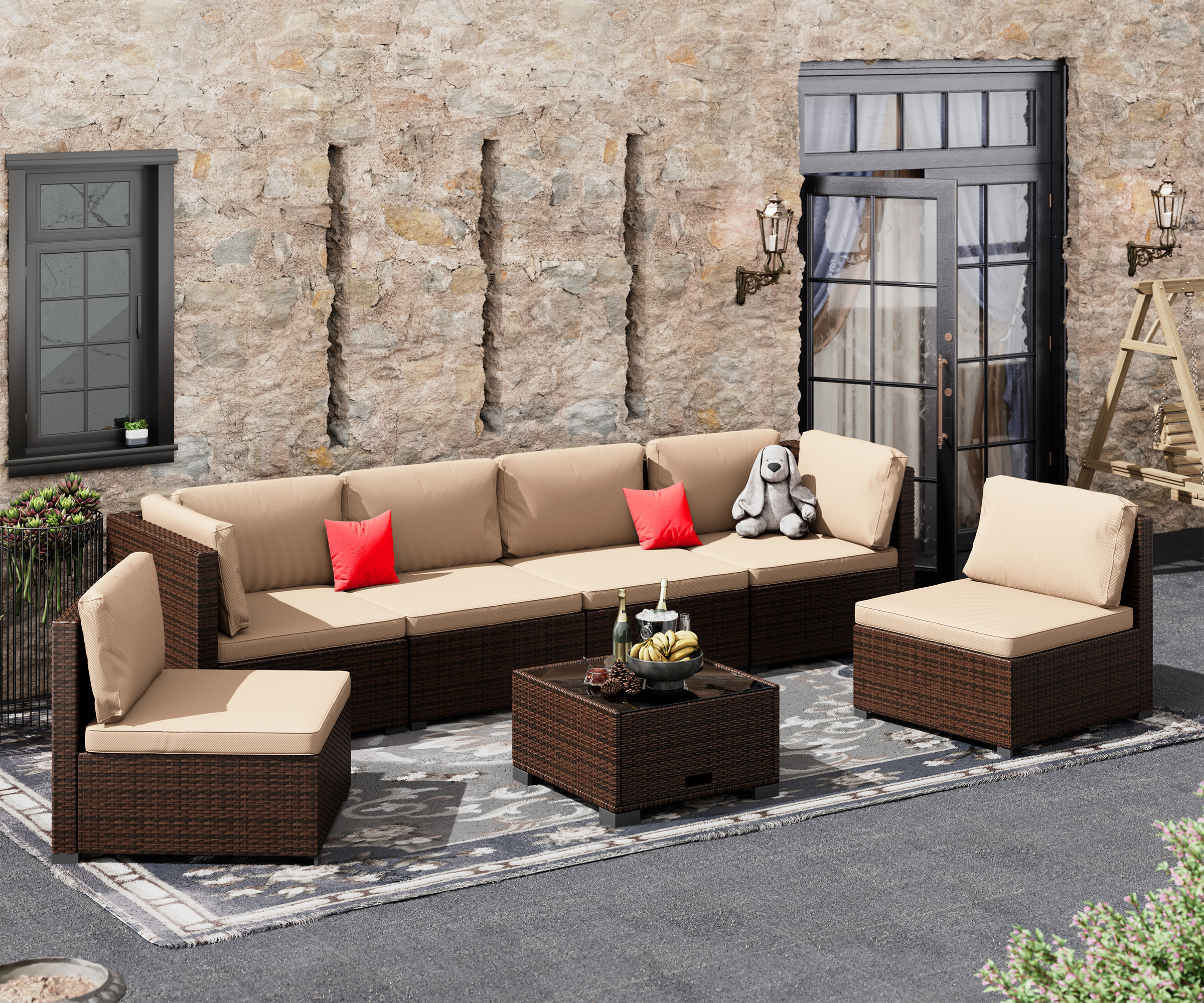 7 Piece Patio Furniture Set, Outdoor Furniture Patio Sectional Sofa, All Weather PE Rattan Outdoor Sectional with Cushion and Coffee Table. - image 2 of 6