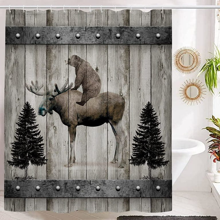 Rustic Gray Wooden Barn Board Shower Curtains For Bathroom Farmhouse Cabin Forest Wildlife Design Adventure Curtain Fabric Bear Moose With 12 Hooks 70x70in Com