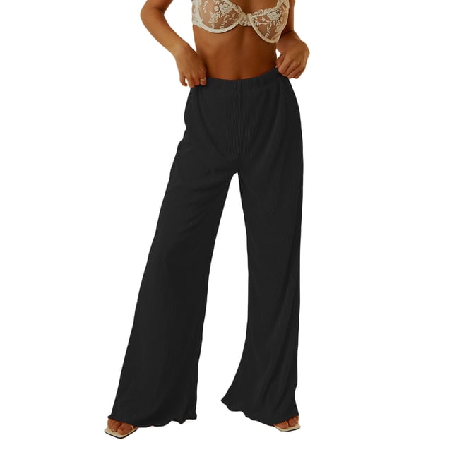 VISgogo Pantalones casuales de primavera y verano para mujer Pantalones de pierna ancha fruncidos con banda elástica de color sólido VISgogo moda