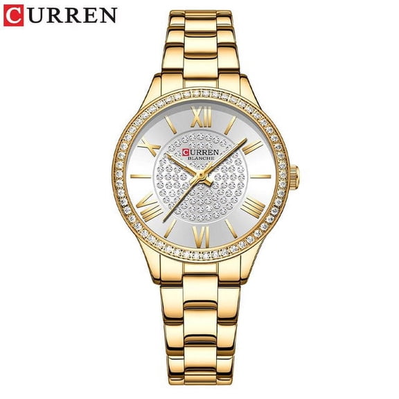 CURREN Luxury Brand Golden Dial Watches for Women with Stainless Steel Band Fashion Rhinestones Ladies Wristwatch with Luminous