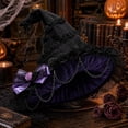 thumbnail image 5 of GILIGEGE Women's Solid Color Gothic Lace Witch Hat,Vintage Ruffled Wide Brim Pointed Hat with Chain Rose Bow, Cosplay Costume Accessory for Halloween Masquerade Party Purple, 5 of 5