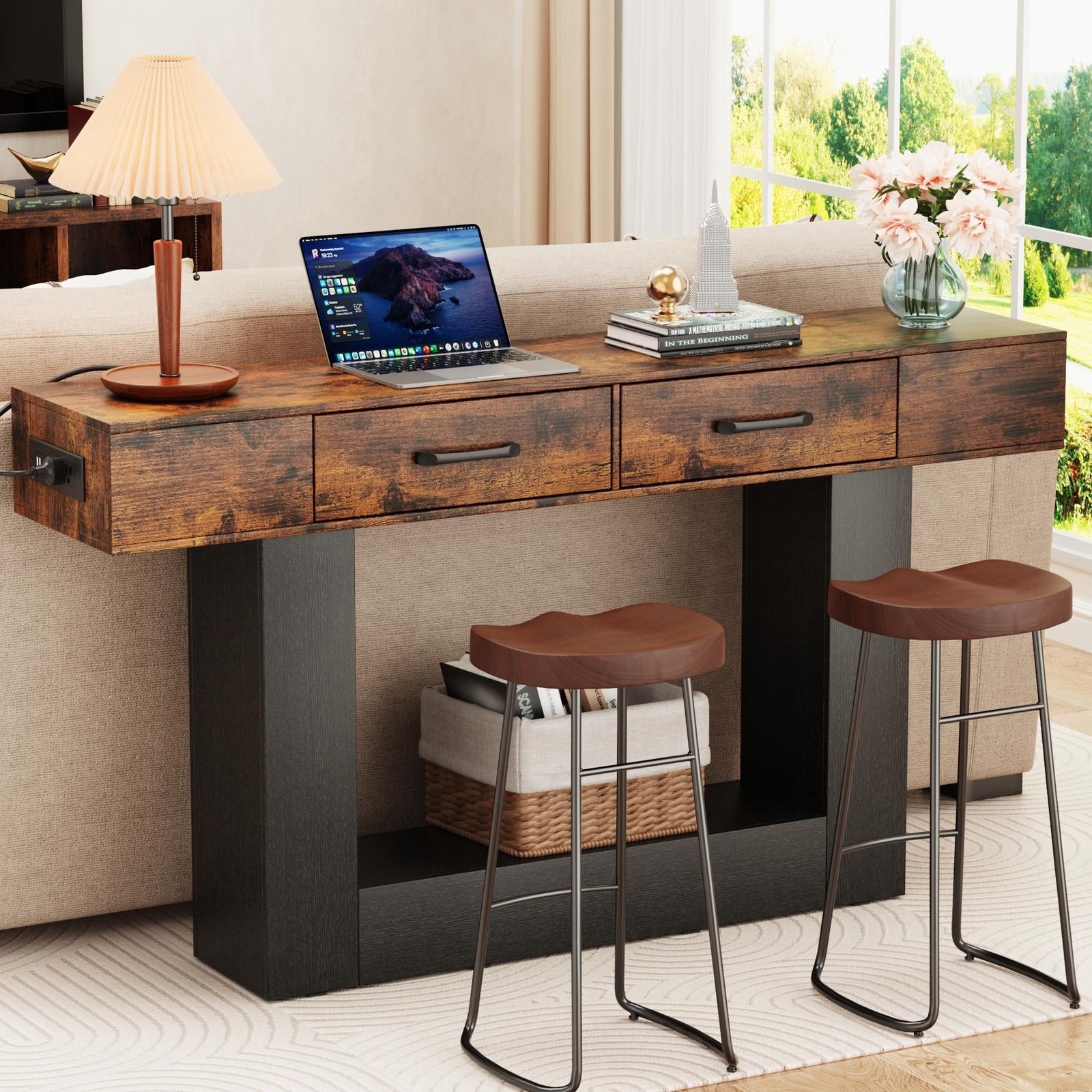 Console Tables for Entryway, Holaki 63" Long Console Table, Modern Farmhouse Entryway Table with Outlet, LED Strip & 2 Drawers for Living Room Office