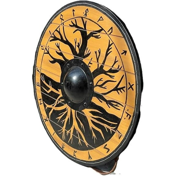 Medieval Wooden Viking Shield/Tree Viking Shield 24 Inch Halloween Shield Wall Decor Natural/Black