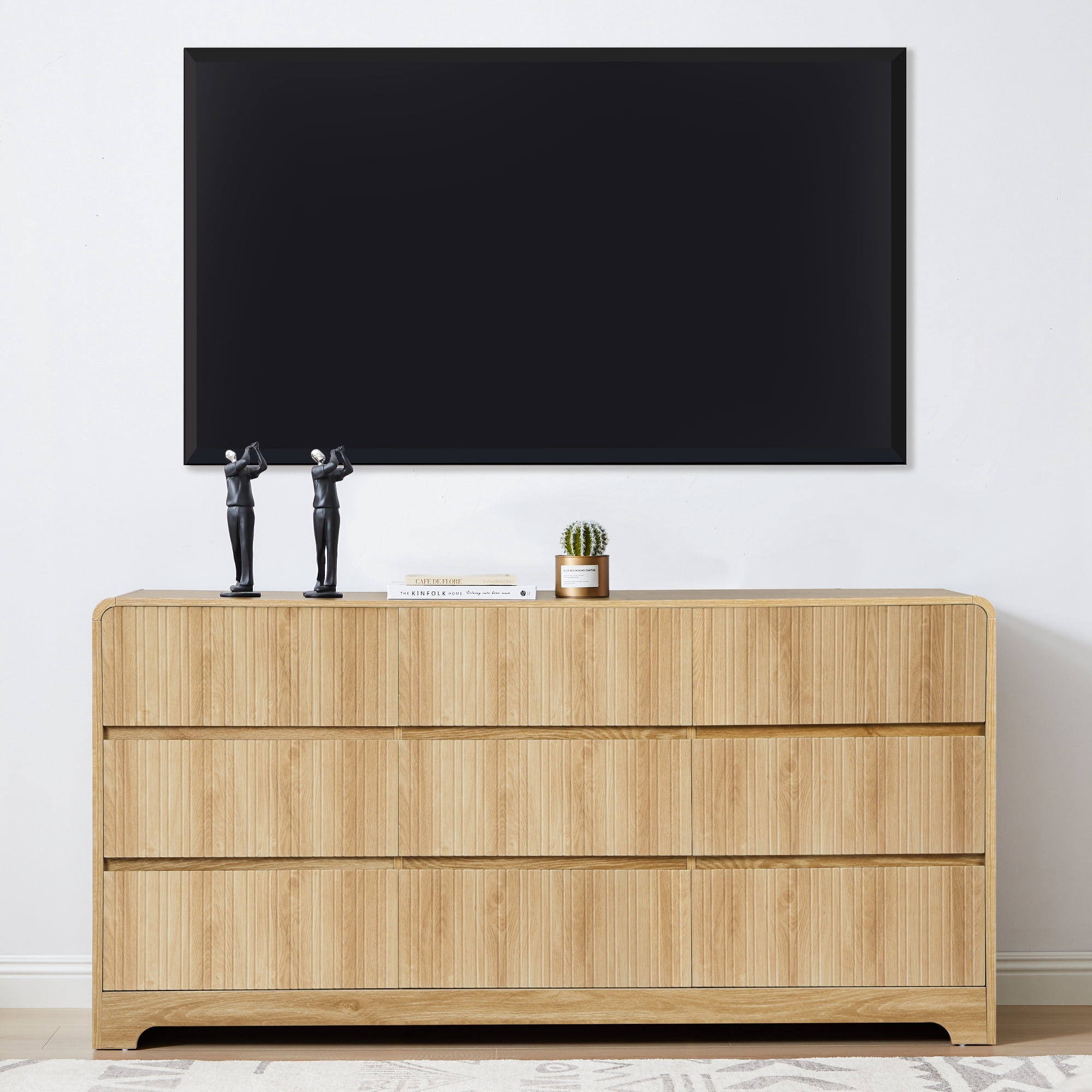 LEFHDA 63" Large 9 Drawer Wood Dressers, Fluted Wide Chest of Drawers, Mid Century Modern Wood Dresser for Living Room, Bedroom, Oak