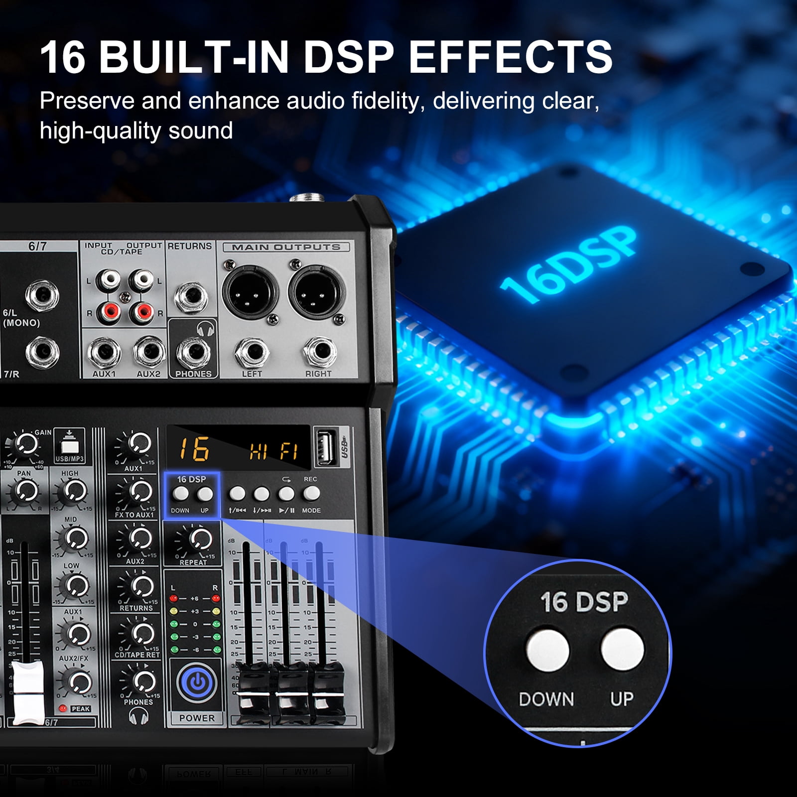 7 Channel Audio Mixer, Portable Audio Mixer w/16 Built-In Preset Sound Effects & USB DJ Sound Mixing Console MP3 Jack 48V Power for Computer Recording, Sounds Mixer Board For Studio Recording