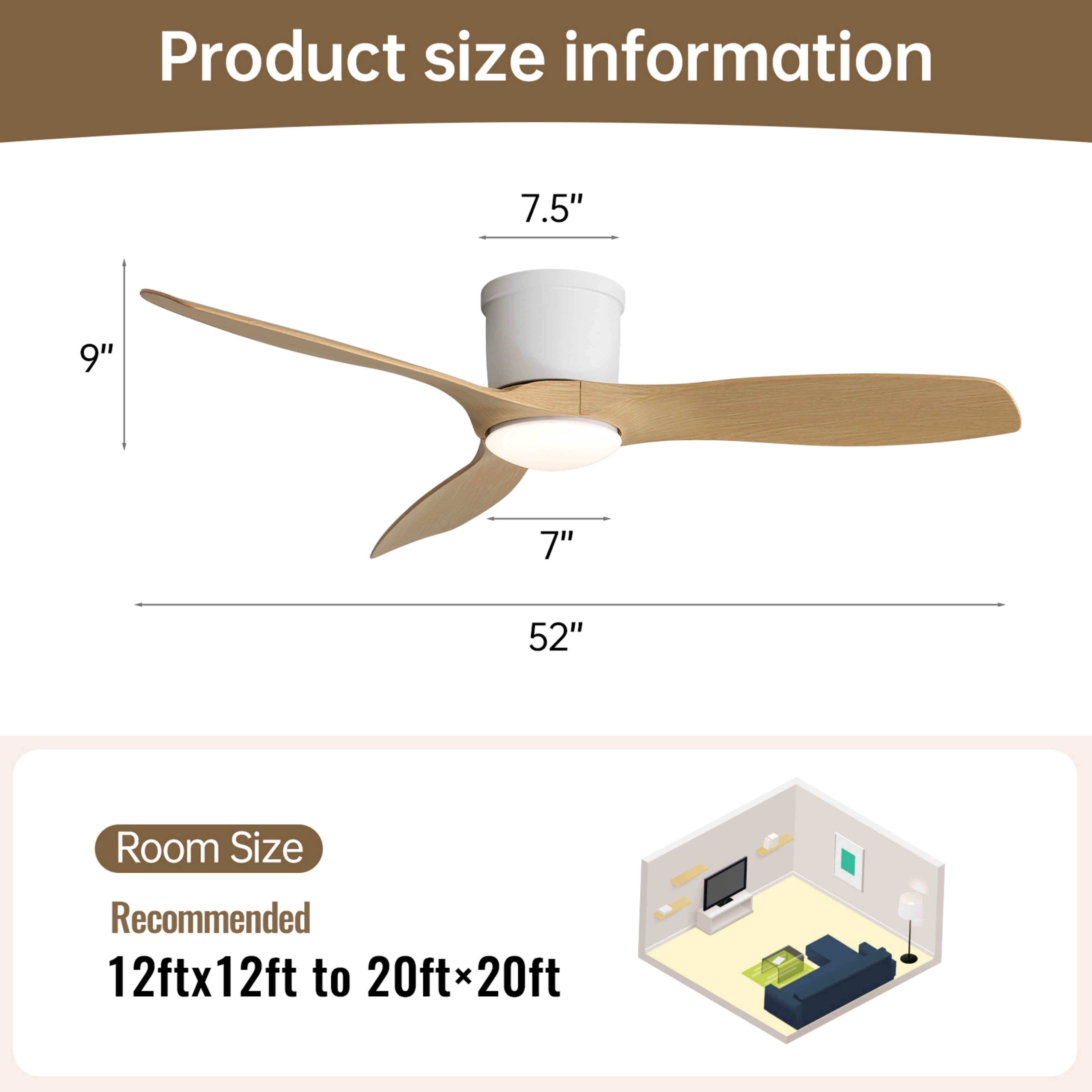 Sofucor Ceiling Fan 52-Inch Flush Mount Ceiling Fan with Integrated LED Light and Remote Control,Smart Ceiling Fan
