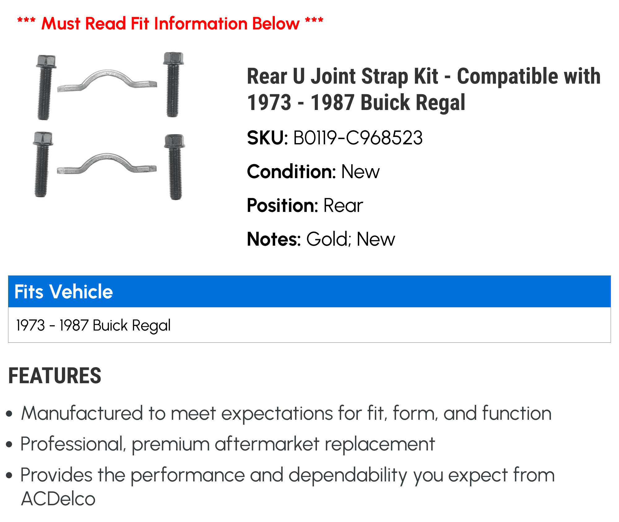 Rear U Joint Strap Kit - Compatible with 1973 - 1987 Buick Regal - AC Delco