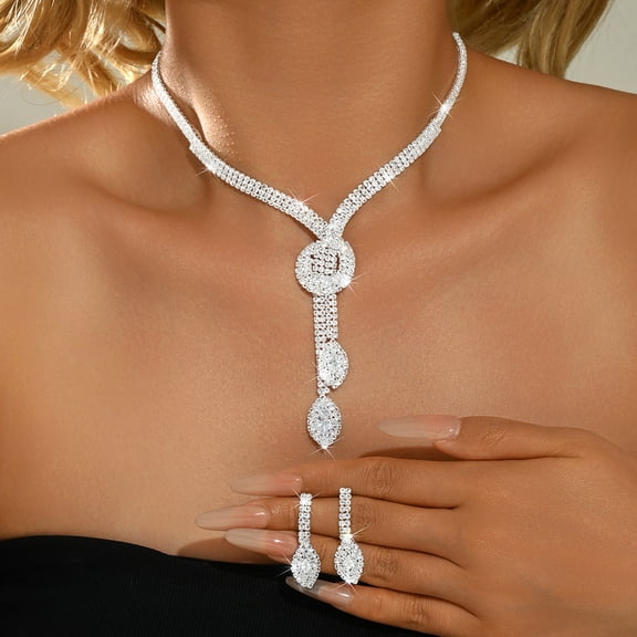 AEXTO Elegant Rhinestone Jewelry Set for Women – Luxury Teardrop Pendant Necklace, Matching Dangle Earrings, Crystal Bracelet & Ring – Perfect for Bridal, Wedding, Evening Party & Formal Events