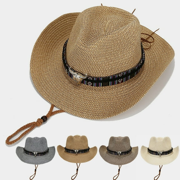 Straw Cowboy Hat Western Hats for Women Cowgirl Sun Beach Hat Summer Wide Brim