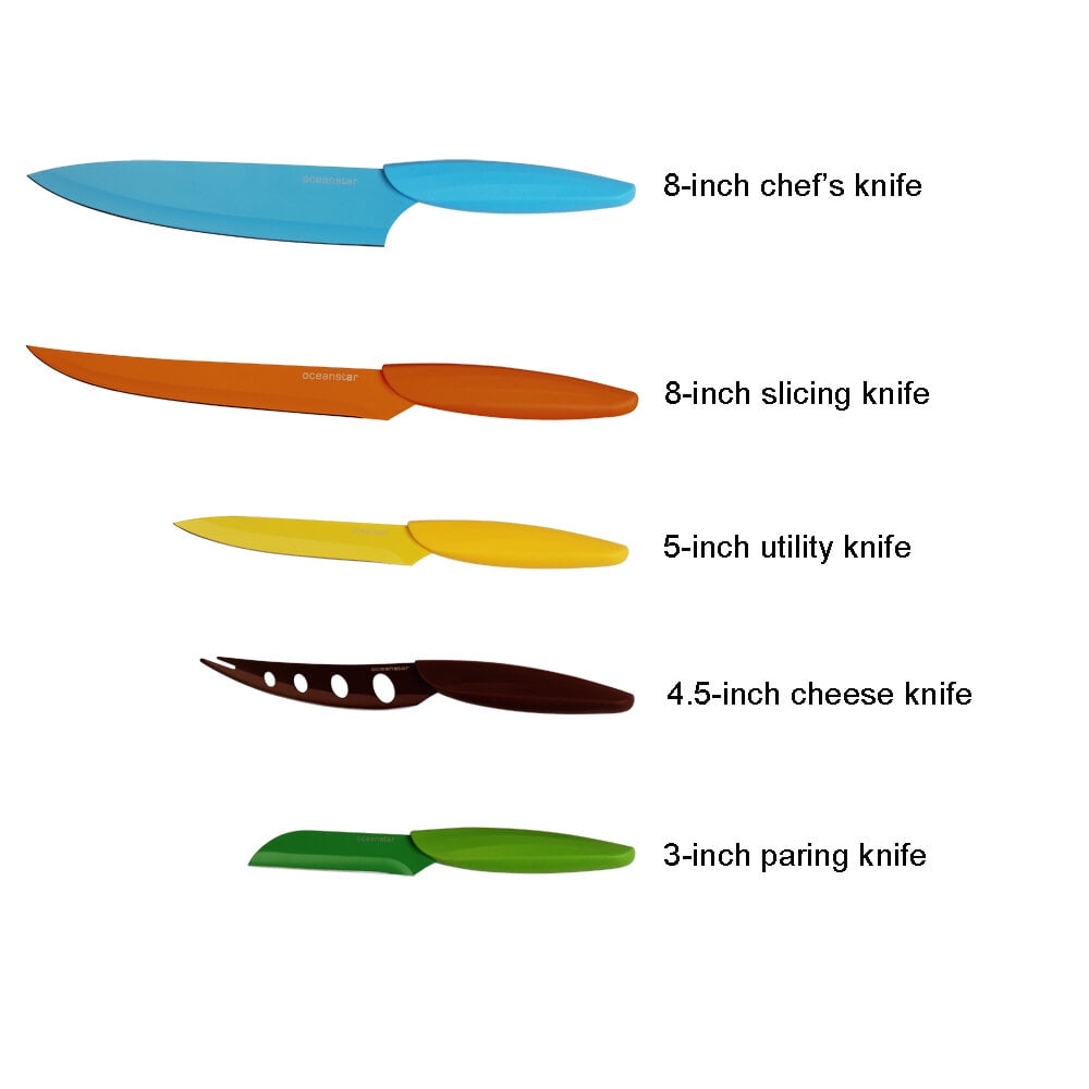 Oceanstar 6-Piece Non-Stick Coating Carbon Stainless Steel Knife Set with Hardwood Block, Elegant Black, 5.75 L x 3.25 W x 13.25 H inches