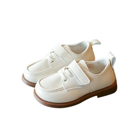 

Eloshman Kids Leather Shoe Wedding Flats Round Toe Dress Shoes Party Non-Slip Uniform Winter Warm Beige with Plush Lined 5C