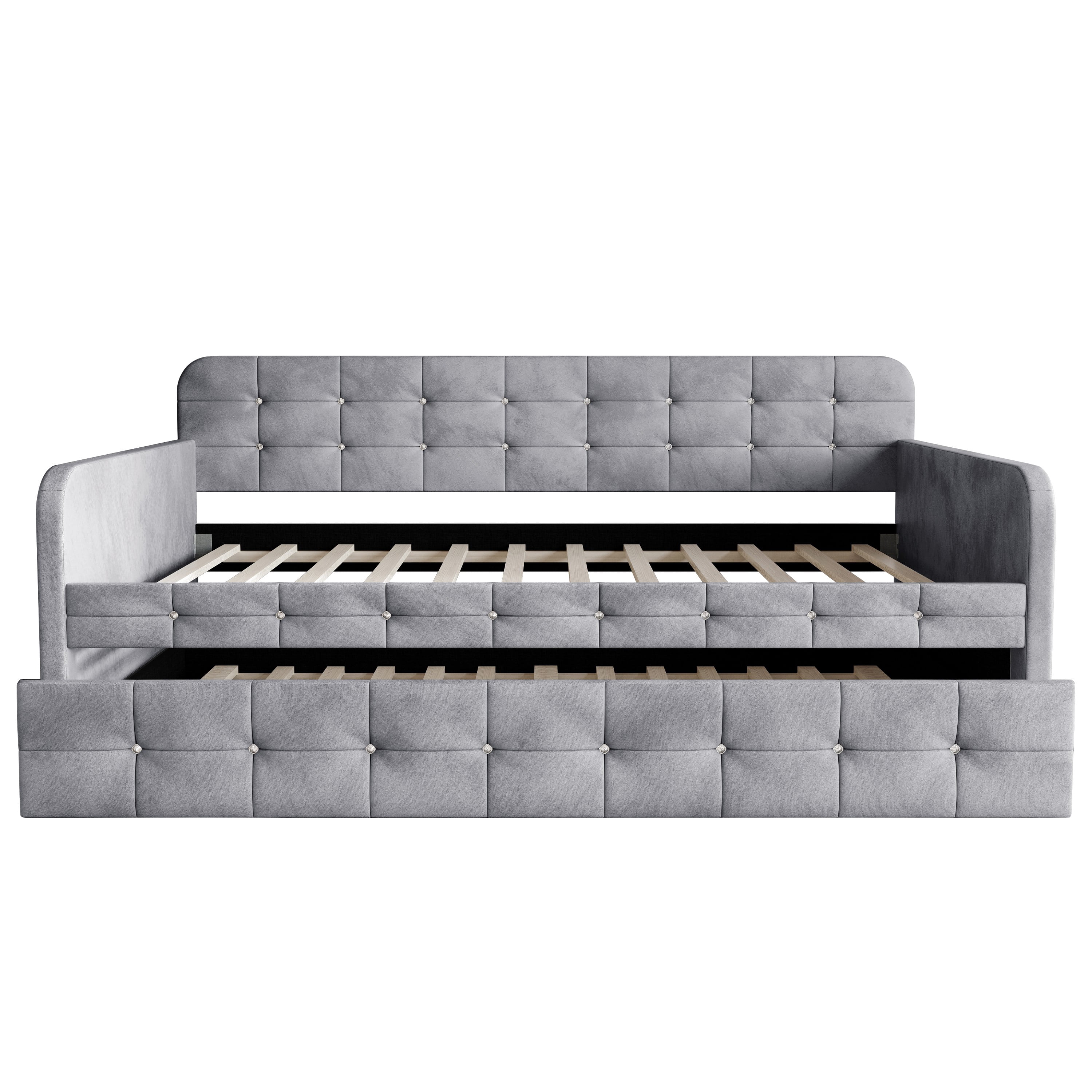 Home Design Elyria Twin Daybed with Velvet Upholstery, Diamond Button Tufting, Rounded Arms, Pull-Out Trundle, Solid Wood Frame, Stylish Seating and Sleeping, Gray