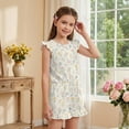 thumbnail image 4 of ZIATUBLE4S Pastel Floral Bow Print Girls Summer Romper Ruffle Cap Sleeves One-Piece Short Jumpsuit Soft Comfort Kids Casual Playsuit with Pockets for 5-6 Y, 4 of 6