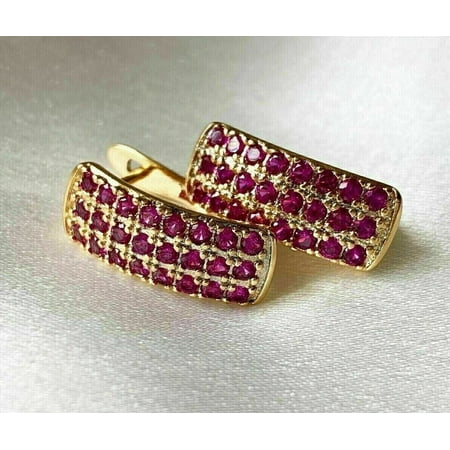 Silver Shop Round Cut Pink CZ Hoop Earrings Women's 14k Yellow Gold Finish