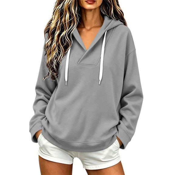 Admvng Women's Sweatshirt Casual Long Sleeve Solid Drawstring Comfortable Hooded Pullover Top
