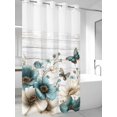 thumbnail image 2 of No Hook Shower Curtain with Snap-in Liner, Teal Tulip Butterfly Waterproof Fabric Bathroom Curtains, Beige Turquoise Floral Grey Wooden Bath Curtains & Mesh Top Window Stand Up Stall 36"x72", 2 of 9