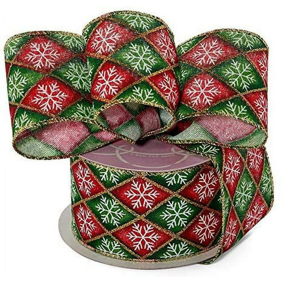 Christmas Harlequin Diamonds Wired Ribbon - 2 1/2" x 10 Yards, White Snowflakes