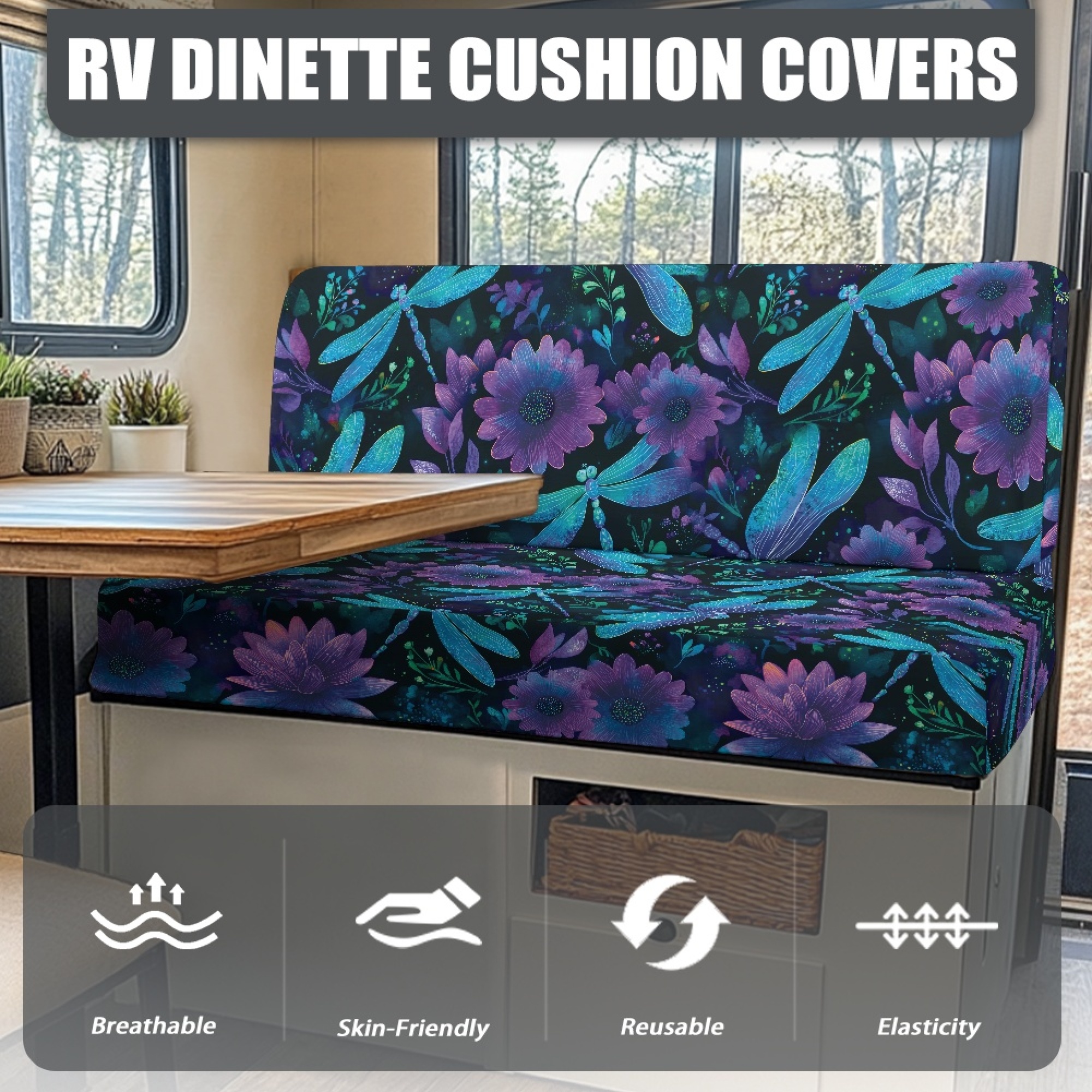 FOR U DESIGNS Dragonfly Cornflower Print 2 Pack RV Dinette Cushion Covers Stretch Camper Cushion Slipcover Non-Slip RV Couch Cover Sofa Slipover for Travel Trailer Couch