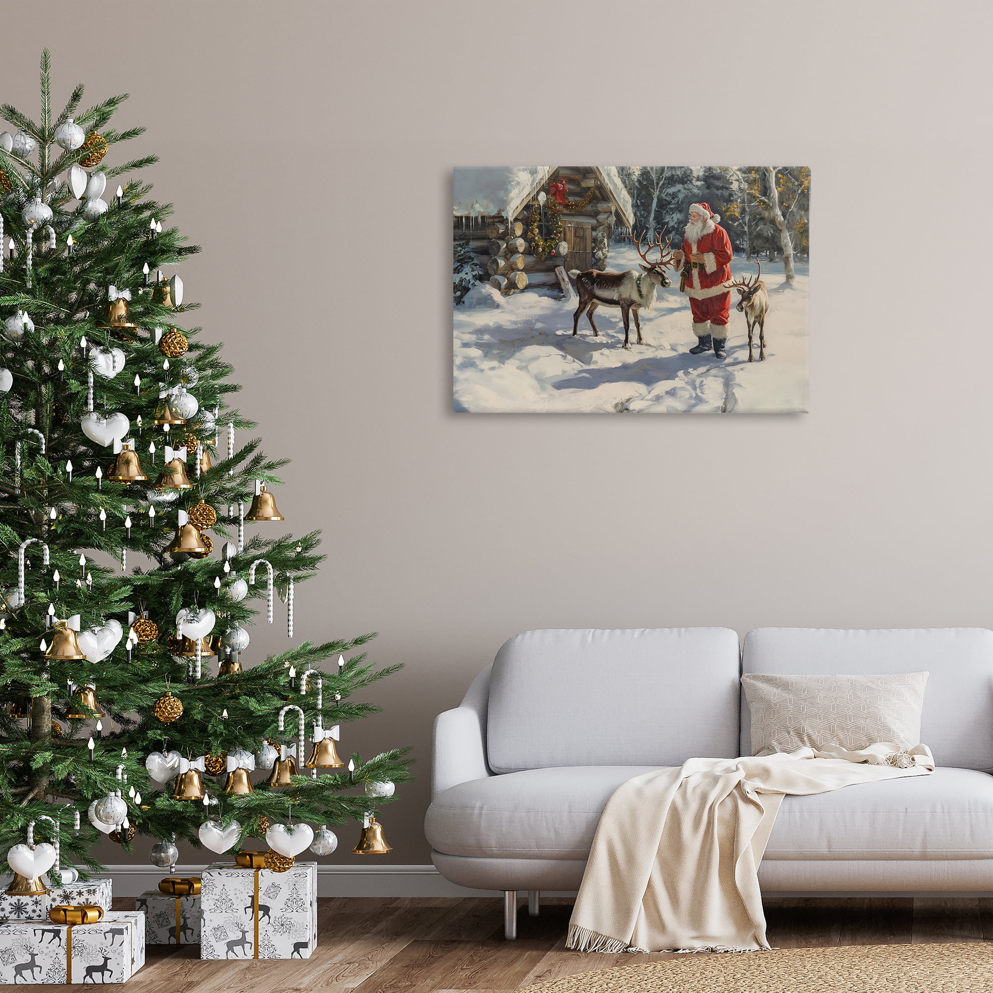 Stupell Industries Santa & Reindeer Scene Holiday Painting Gallery Wrapped Canvas Art Prints Wall Art, 36 x 24