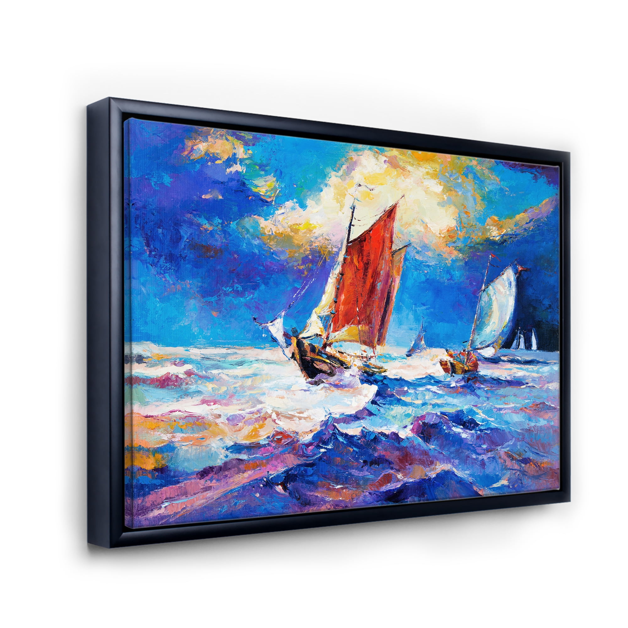 Designart 'Sailships On The Ocean Waves During Evening' Nautical & Coastal Framed Canvas Wall Art Print