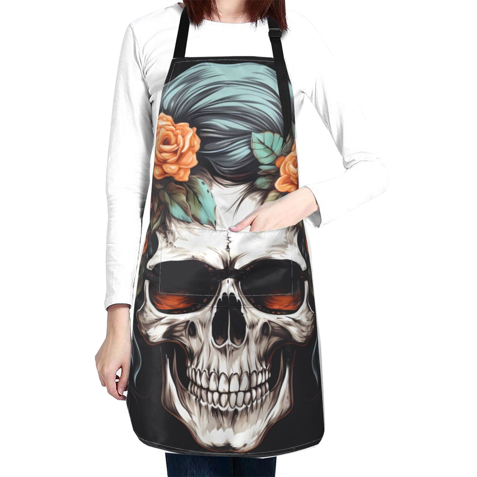 Kdxio Flower Horn Skull Apron with Pockets Adjustable Kitchen Aprons for Men Women Waterproof Aprons for Cooking,Drawing,Crafting, Baking Household Cleaning