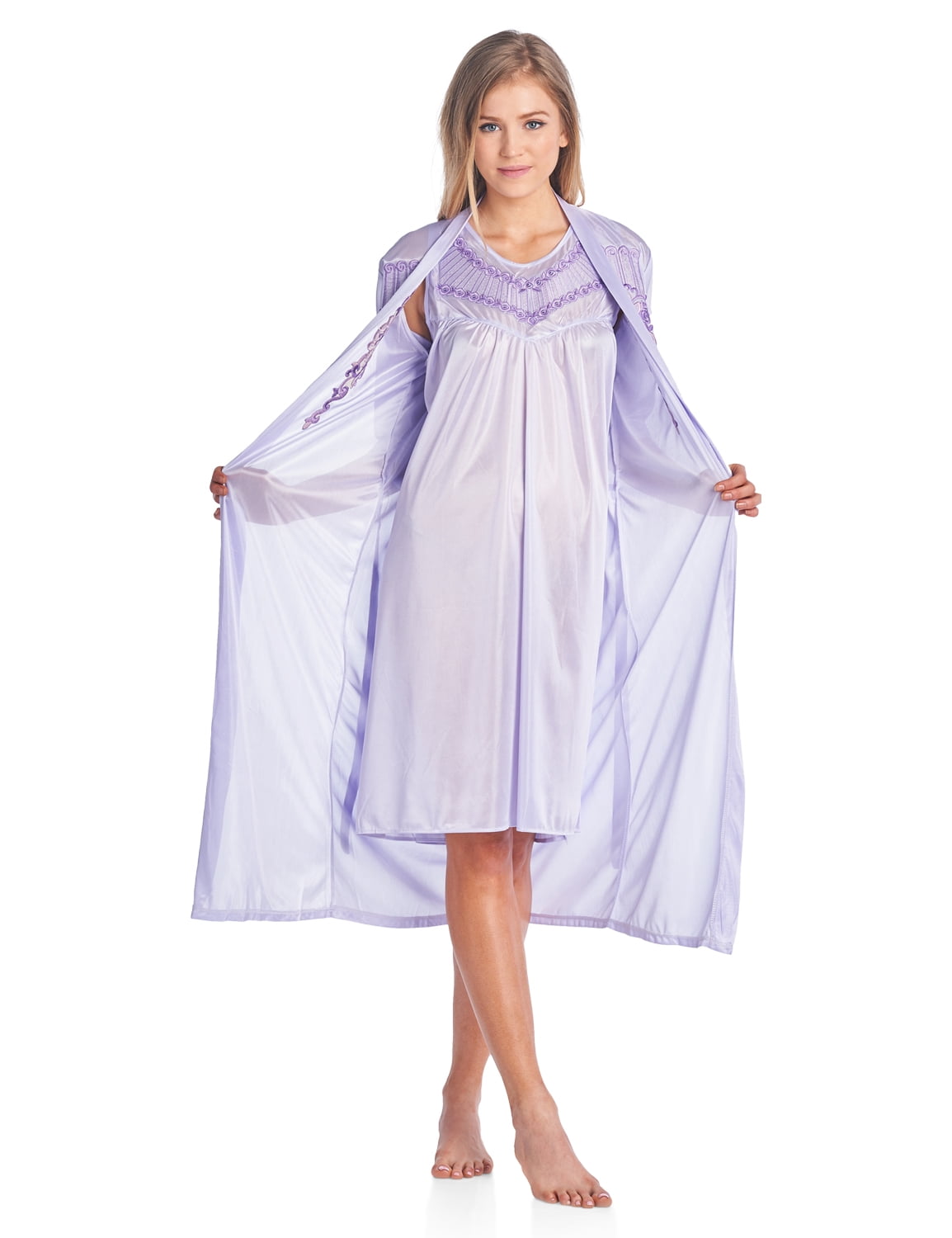 Womens Satin 2 Piece Robe And Nightgown Set 