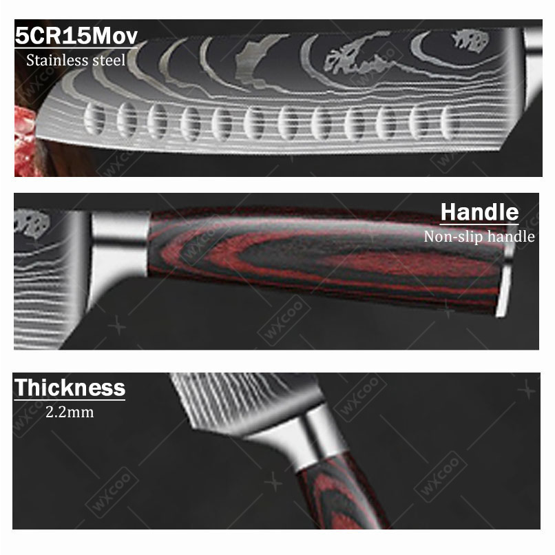 WXCOO 3 Pcs,Kitchen Chef Knife Set, High Carbon Stainless Steel Damascus Drawing Gyuto Cleaver Set Slicer Santoku Knife Chef Knife Vegetable Knife Meat Cleaver Utility Knife Professional Boning Knife