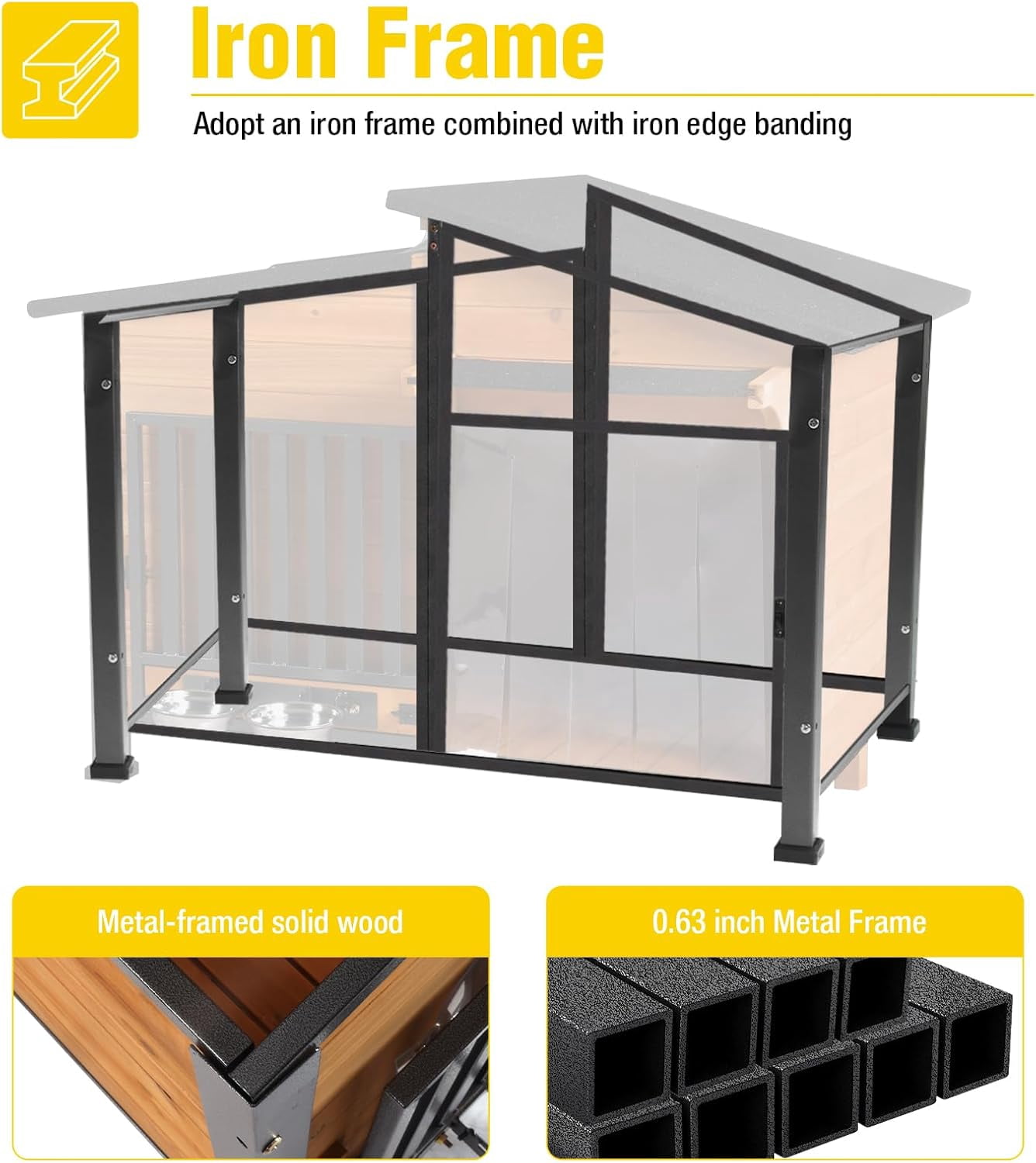 Dog House with Anti-Chewing Metal Frame Design Wooden Dog Kennel with Unique Design Roof, Weatherproof Dog House for Indoor & Outdoor Use (Wood, L)